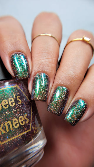 Image provided for Bee's Knees by a paid swatcher featuring the nail polish " God of Idiocy "