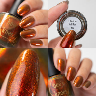 Image provided for Bee's Knees by a paid swatcher featuring the nail polish " I Went to Hell For You "